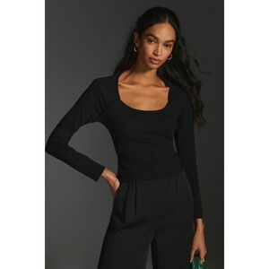 Maeve by Anthropologie Ponte Corset Long Sleeve Top‎ Black Fitted Size Small